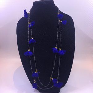 Extra Long Blue Beaded & Tassel Boho Necklace